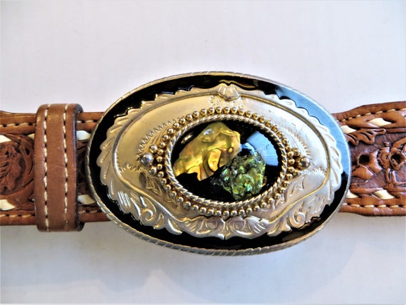 Big Abalone Buckle Western Tooled Leather Belt, Horse Rodeo  display picture 2