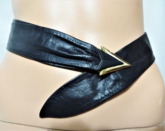 Black Leather Belt, Adjustable Wrap Belt, Gold Tone Metal Buckle, Statement Dress Belt, Art Deco Style