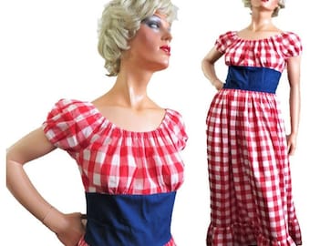 60s 70s CottageCore Dress, Red White Blue, Red Check, Long Maxi Skirt, Short Sleeves,   Peasant Prairie Festival Dress, 4th of July