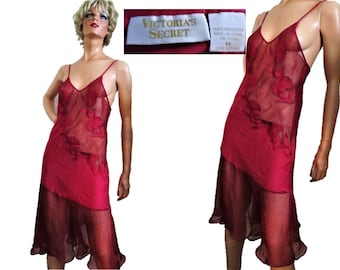Victoria Secret Nightgown Gold Label, Deep Rose Red Slip Dress, Embroidered Applique Flowers, Sheer and Satiny, Sexy Lingerie, Medium