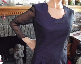 Vintage Long Formal Gown, Black Purple Lame, Sparkle Fabric, Dropped Waist, Sheer Long Sleeves, Vintage Maxi Party Dress,  Retro Glam, Prom