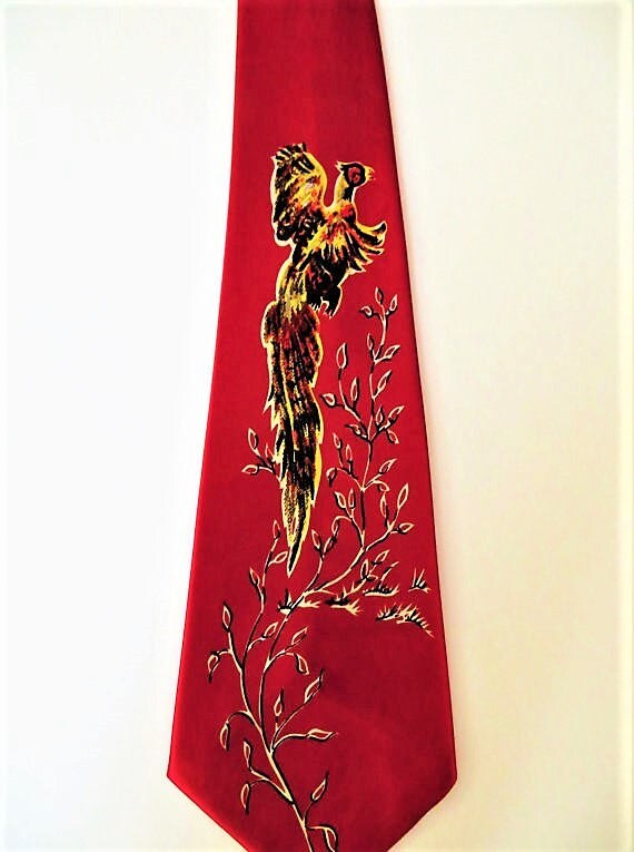 40s Wide Necktie, Red Satin Pheasant Scene, Vacat… - image 5