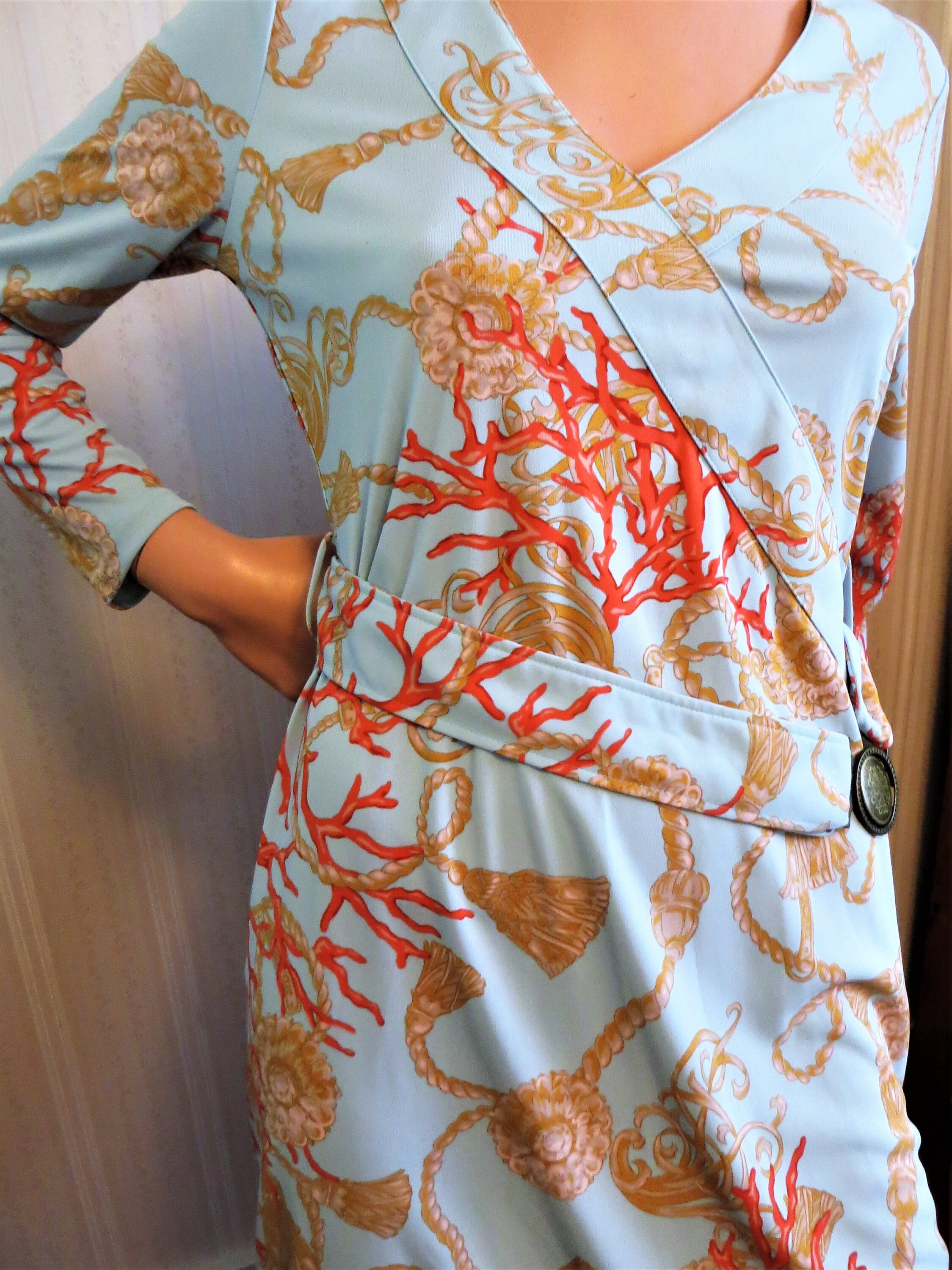 Ameri VINTAGE - 【MMMM】CABLE KNIT&amp; CHIFFON DRESS！ MUXXN Women's Vintage 1950s Retro 3/4 Sleeve V Neck Midi