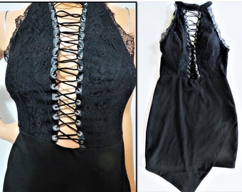90s Black Minidress, Charlotte Russe LBD, Lace Up Front, Asymmetrical Hem  Chemise, Polyester Spandex, size Small, Disco Goth