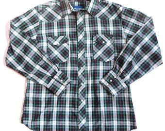 Vintage Wrangler Western Shirt: Blue Green Plaid, Pearl Snaps, Size Large