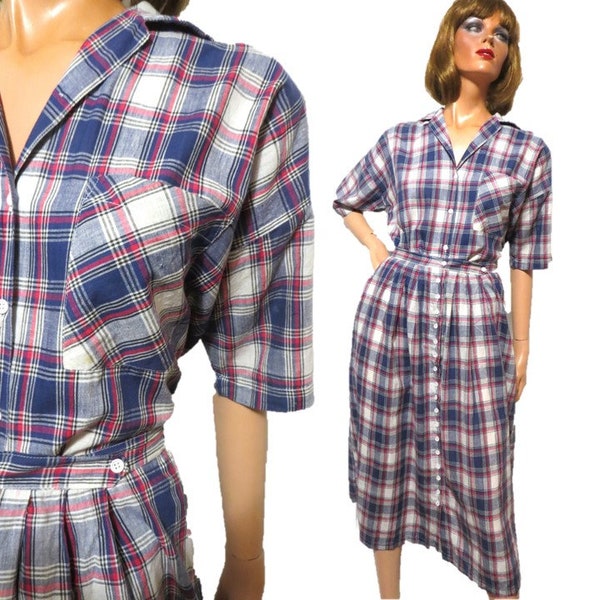 Madras Plaid Cotton Skirt and Blouse Made in India, Blue Red Plaid Short Sleeves Loop Collar, Front Button Full Waistband Skirt Medium Large