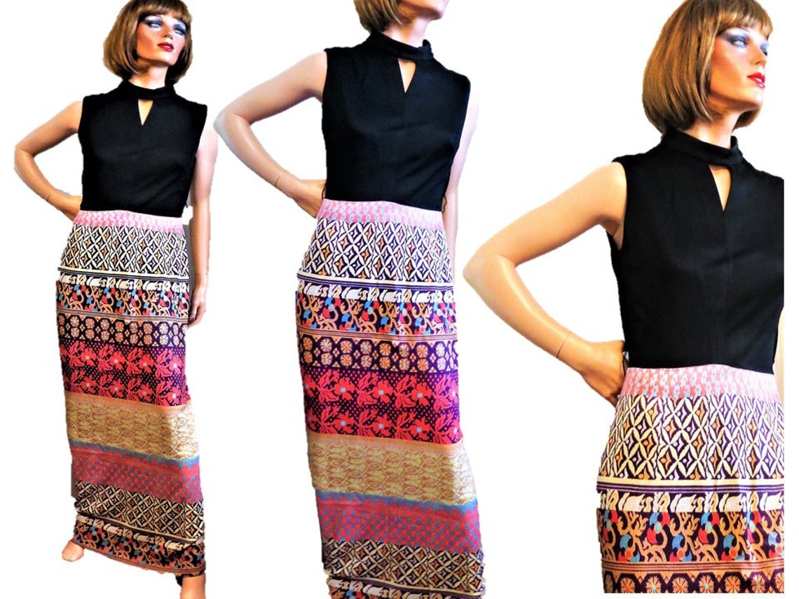 60s 70s Maxi Dress Black Sleeveless High Neck Top Boho Print | Etsy