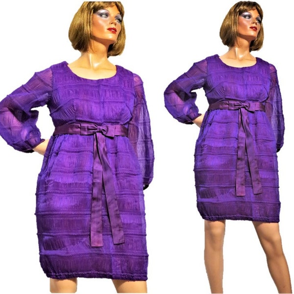 60s Minidress, Purple Seersucker Bubble Balloon Dress, Metal Zipper, Midriff Style, Long Sheer Sleeves, Size Medium