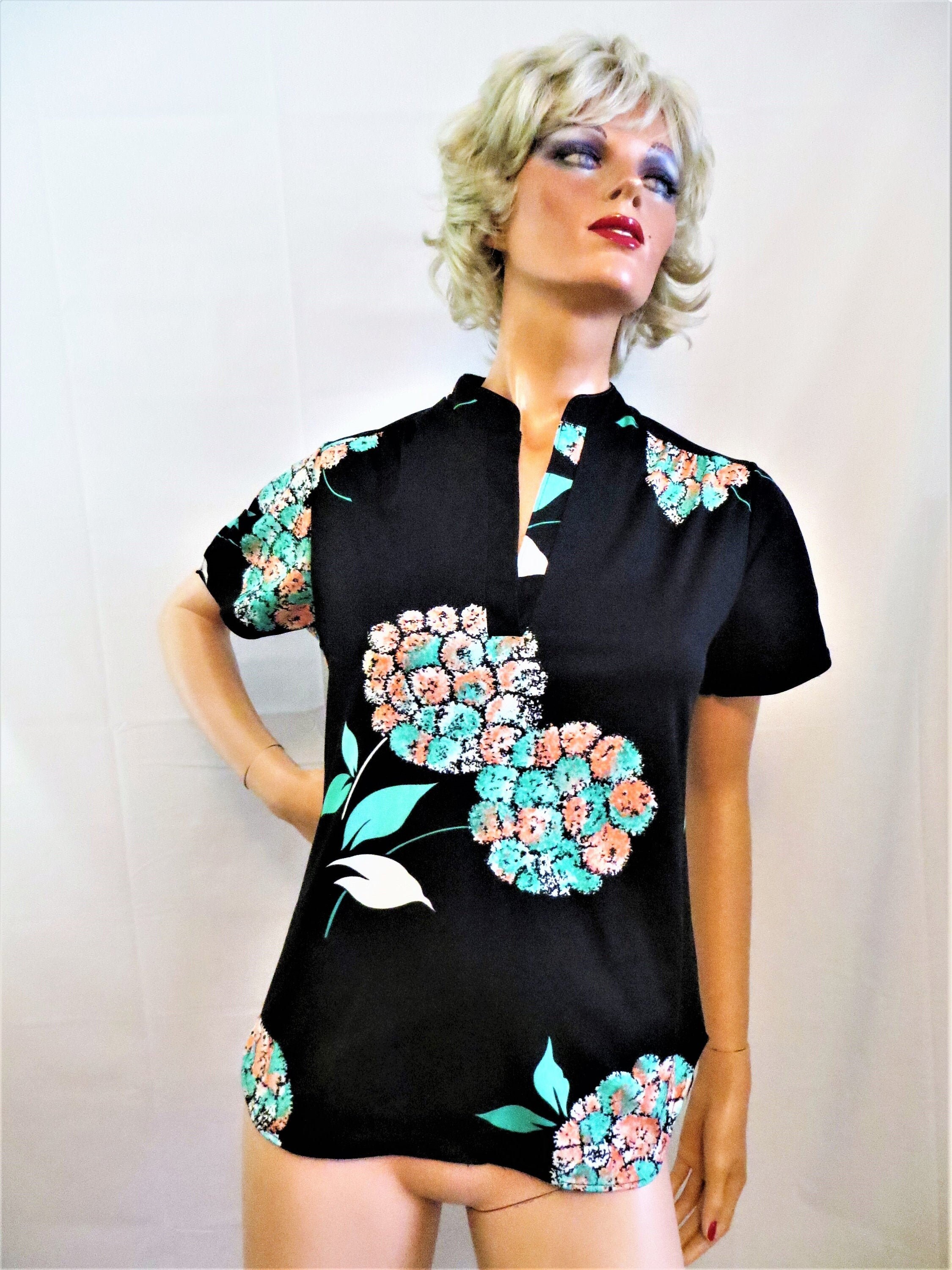 60s 70s Knit Top Polyester Flower Power Pullover Blouse, Black Teal ...