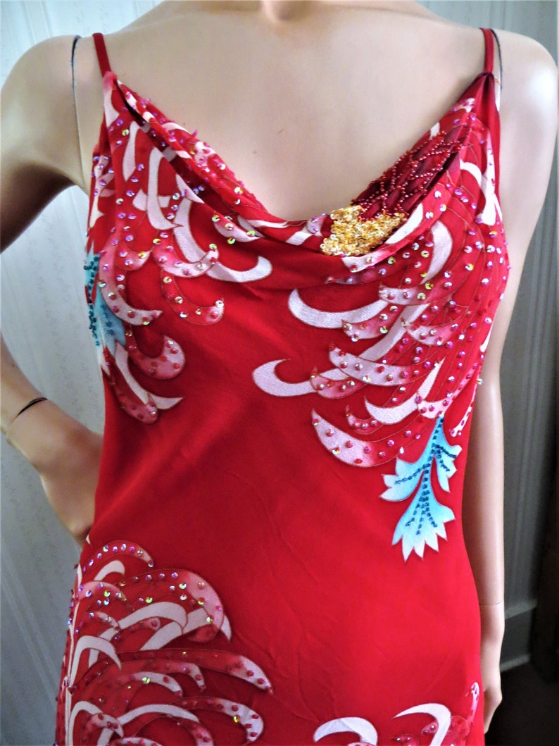 Ombre Red Double Layer Cache Cocktail Dress Bead Sequin Floral Sprays Asymmetrical Hem Small 90s Beaded Silk Chiffon Formal Slip Dress