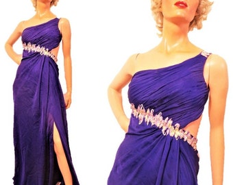 Grecian Goddess Gown, One Shoulder Backless Purple Formal Prom, Silver Bead Trim Double Layer Asymmetrical Draped Bodice and Skirt, Small XS