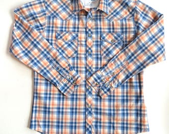 Wrangler 20X Kariertes Western Snap Shirt aus Blau Orange Weißer Baumwolle, Größe XL