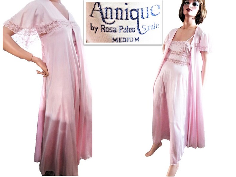 70s Pink Peignoir Set, Rosa Puleo Szule Annique, Stunning Vintage Lacy Nylon Long Nightgown and Robe 2 Piece Fine Lingerie Set Size Small image 3