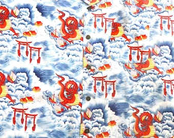 90s Rayon Hawaiian Shirt: Red Dragon Asian Print, Men's XL