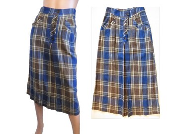 40s Wool Waistband Skirt, Inverted Box Pleat Front A Line, Blue Brown White  Plaid, Button Front 2 Pockets size Small, Waist 26 inches