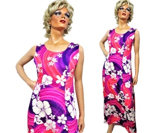 70s Lavacloth Hawaiian Maxi Dress, Bright Pink Purple Hibiscus Print Long A Line Gown, Beautiful Hawaii Wear Princess Seams vintage size 10