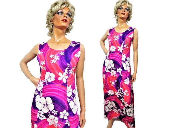 70s Lavacloth Hawaiian Maxi Dress, Bright Pink Pu… - image 1