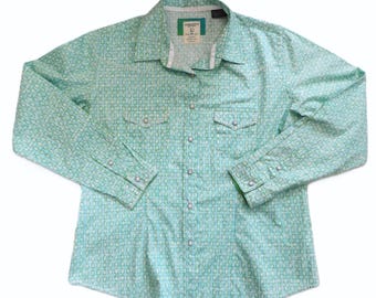 Western Embroidered Pearl Snap Shirt,  Panhandle Rough Stock, Turquoise Green Cotton Print, Women's Large