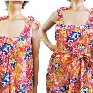Hawaiianisches Sommerkleid Muumuu Blumendruck, voller Jochkleid, dünne Gaze, Schulterbänder, mit oder ohne Gürtel zu tragen, Größe Large Volup