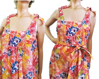 Hawaiian Sundress Muumuu Floral Print Full Yoke Dress, Thin Gauze, Shoulder Ties, Wear With or Without Belt, size Large Volup