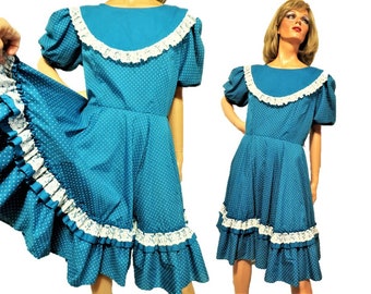 Peacock Blue Square Dance Dress, White Polka Dots Lace, Big Collar, Full Ruffled Skirt, Vintage 70s 80s Country Western Prairie, size Large