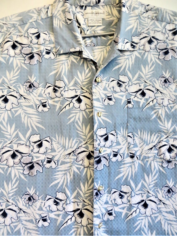 Blue and White Hawaiian Shirt, Hibiscus Print, Silk C… Gem