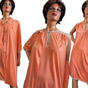 70s Orange Vanity Fair Peignoir Set Nightgown and Robe, Orange Coral Nylon Beige Lace Peignoir, 2 Piece Antron Mod Lingerie, Size 38 Large