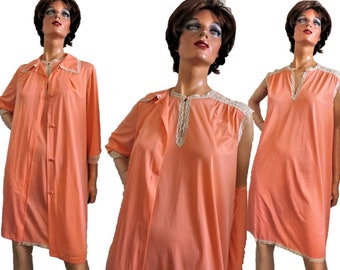 70s Vanity Fair Peignoir Set, Orange Coral Nylon Nightgown and Robe, Beige Lace, 2 Piece, Size 38 Large