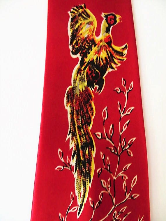 40s Wide Necktie, Red Satin Pheasant Scene, Vacat… - image 2