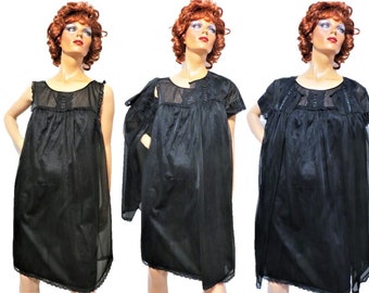 Black Vanity Fair Peignoir Set, 50s 60s Sheer Nylon Double Layer Nightgown Robe, Lace Ribbon Trim, Sexy 2 Piece Lingerie Set, Medium