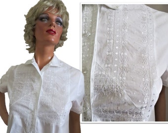 50s White Cotton Blouse, Embroidered Front, Jack Daniels Original, Short Sleeves, Button Front Top, Small Medium