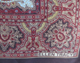 Silk Scarf Brown Paisley Ellen Tracy, Brown Red Gold Tan, 34 x 35 inches, Big Square Scarf