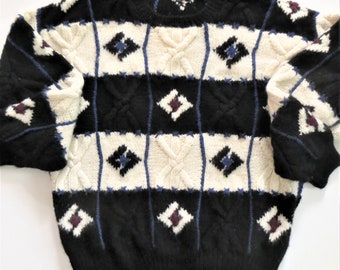 Men's Wool Pullover Sweater Claiborne  Knitted by Hand, Thick Bulky Black White Blue, Nordic Ski Sweater, Size L, Unisex Men or Women