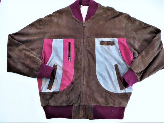 50s Suede Leather Bomber Jacket, Brown Red Gray Color Block, 4