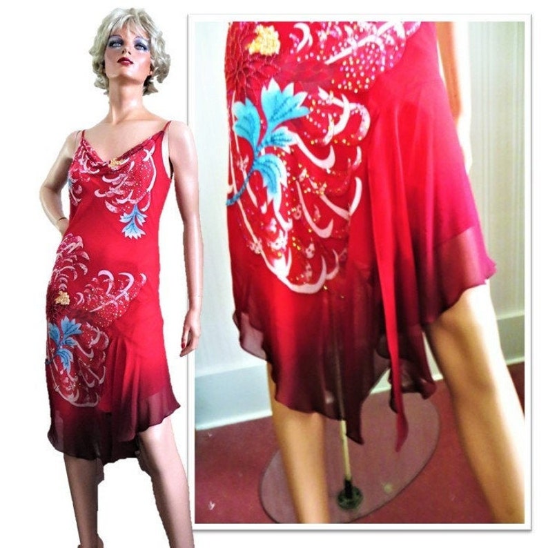 Ombre Red Double Layer Cache Cocktail Dress Bead Sequin Floral Sprays Asymmetrical Hem Small 90s Beaded Silk Chiffon Formal Slip Dress
