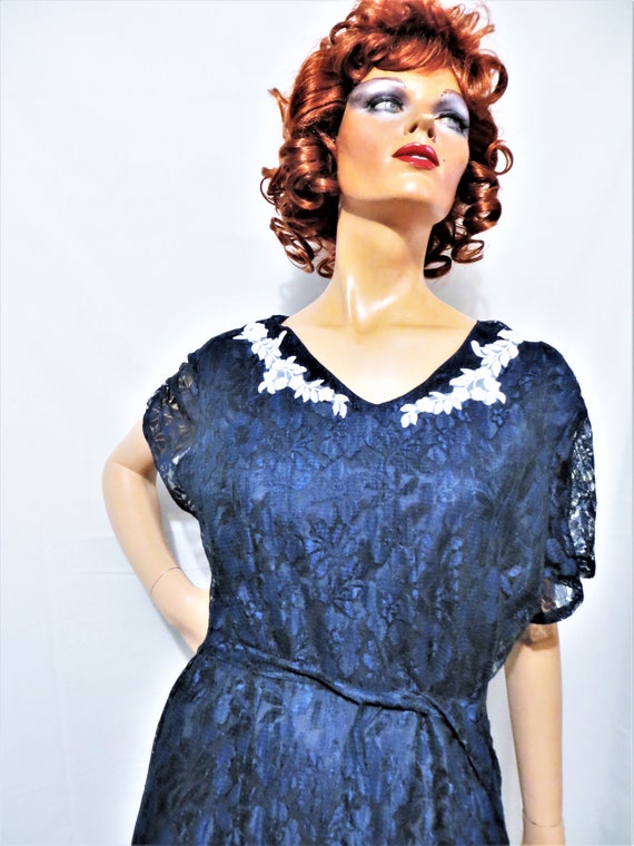 30s 40s Dress Navy Blue Lace, Double Layer Pullove