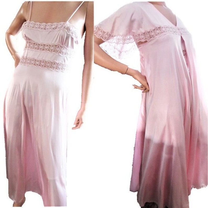 70s Pink Peignoir Set, Rosa Puleo Szule Annique, Stunning Vintage Lacy Nylon Long Nightgown and Robe 2 Piece Fine Lingerie Set Size Small image 2