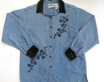 Vintage Embroidered Denim Shirt Jacket, 90s Y2K Bill Blass,  Velvet Collar Cuffs, Floral Design, Women's Medium