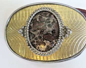Tooled Leather Western Belt, Big Agate Stone Buckle, Horse 