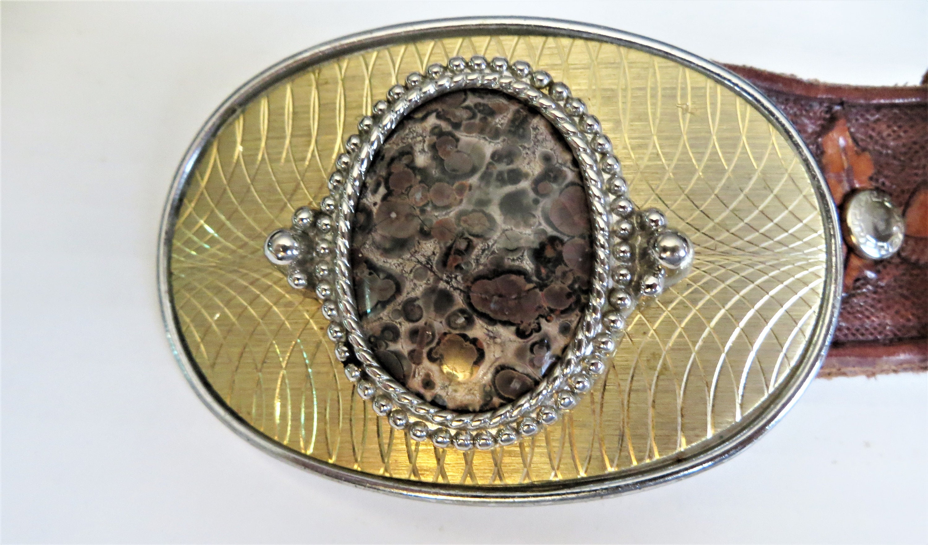 Tooled Leather Western Belt, Big Agate Stone Buckle, Horse 
