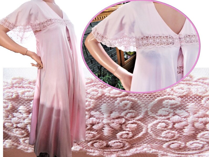 70s Pink Peignoir Set, Rosa Puleo Szule Annique, Stunning Vintage Lacy Nylon Long Nightgown and Robe 2 Piece Fine Lingerie Set Size Small image 6