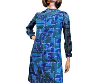 70s Mod Minidress Green Blue Purple Abstract Print, Lightly Fitted A Line Shift Chemise Dress, Sheer Long Sleeves and Yoke, Size Small