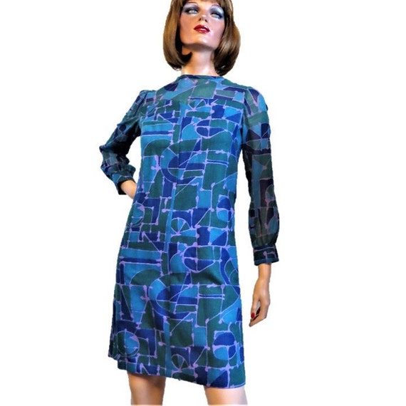 70s Mod Minidress Green Blue Purple Abstract Print, Lightly Fitted A Line  Shift Chemise Dress, Sheer Long Sleeves and Yoke, Size Small - Etsy