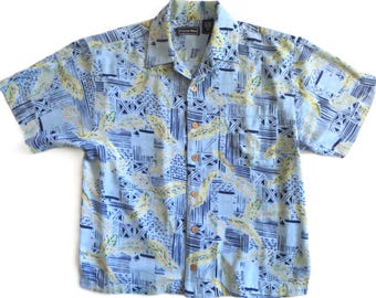 90s Hawaiian Shirt: Blue Yellow Tiki Print, Rayon Blend, Men's Medium