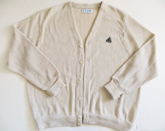 Cardigan Golf Sweater, Izod Crest Logo, Beige Acrylic Made in USA, Size Men's XL, Can be Unisex, for Men or Women