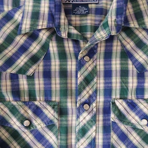 Western Pearl Snap Shirt Long Sleeves, Flap Pockets, Blue Green Plaid, Williams Bay,  Cowboy Shirt, Size Medium