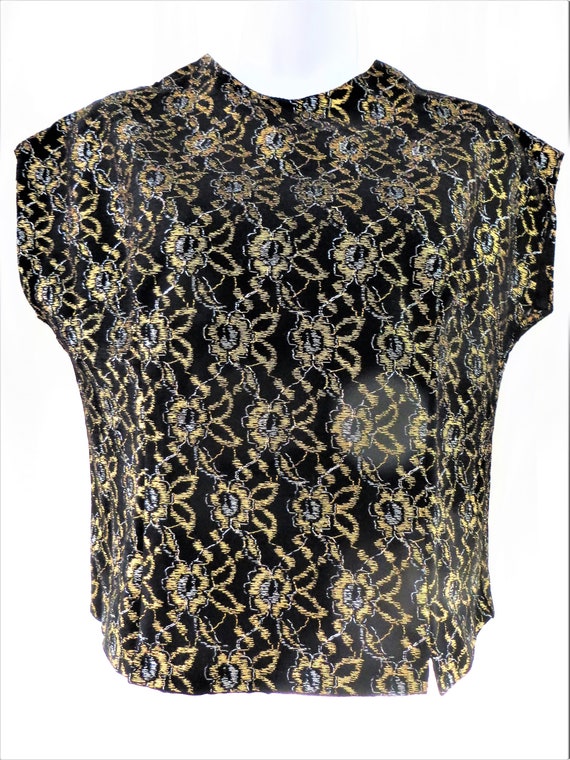 60s Black and Gold Brocade Top, Back Button Short… - image 7