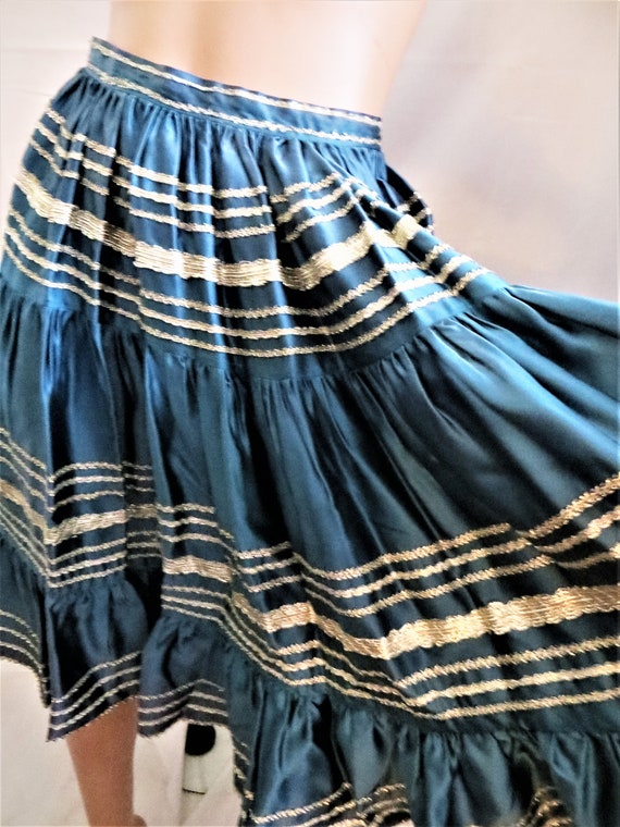 Southwestern Skirt, Blue Shiny Satin Silver Braid… - image 2