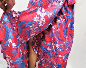 Front Wrap Hawaiian Skirt, Red Blue Purple White Floral Print Maxi Sarong, Viscose Rayon Resort Wear, size M, Adjustable Waist