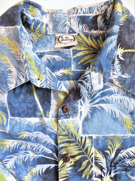 Cotton Hawaiian Shirt with Blue and Green Palm Tr… - image 3